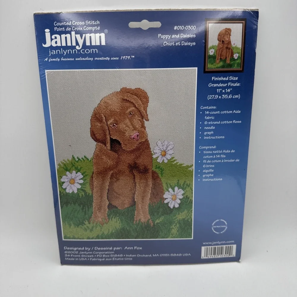 Janlynn Count Cross Stitch Kit Puppy Dog Daisies‎ Labrador Chocolate Vtg Y2K New